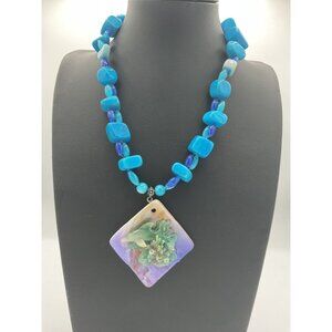 Vintage Blue Agate Necklace Mother of Pearl Shell Dolphin Pendant Barrel Clasp